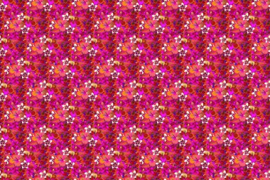 Yatak çarşafları, ceket, paket tasarımı, kumaş ve moda kavramları için tekstil baskısı. Raster dikişsiz desen, çiçek deseni ve yaprakları turuncu, kırmızı ve morumsu renklerde. Ditsy çiçekli arka plan.