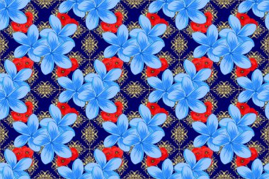 Kırmızı, nötr ve mavi renklerde çiçeklerin kusursuz dokusu. Plumeria çiçekleriyle optik yanılsama. Raster illüstrasyonu iç tasarım, baskı, web ve tekstil tasarımı için iyidir..