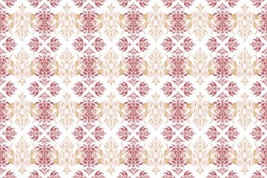 Kırmızı ve pembe parıltılı süsler beyaz arka planda parlayan ışıklarla. Dekoratif malzeme veya tebrik kartları için kusursuz desen.