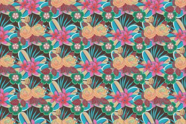 Mavi, bej ve kahverengi renklerde, pürüzsüz gül deseni.