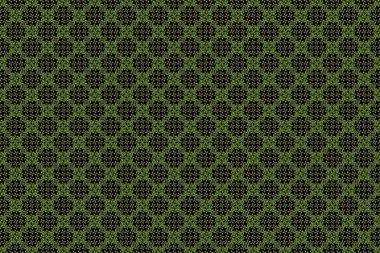 Siyah zemin üzerinde sarı ve yeşil tekrarlayan elementlerle modern geometrik kusursuz desen. Kusursuz bir süs..