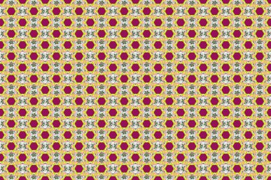 Küçük çiçeklerdeki hoş, pürüzsüz desen. Ditsy çiçek stili. Moda baskıları için zarif bir şablon. Sarı, mor ve bej renkli küçük çiçekler..