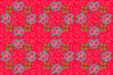 Raster pürüzsüz arkaplan deseni stilize gül çiçekleri ve yeşil yapraklar pembe, yeşil ve kırmızı renklerde.