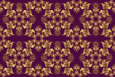 Mor bir arka planda, altın antika süslemeli, pürüzsüz bir desen..
