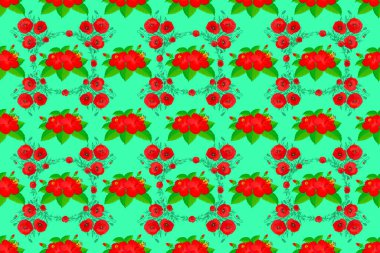 Raster çiçek desenleri düğün davetiyeleri, tebrik kartları, baskı, hediye paketi ya da tekstil için. Yeşil arka planda bir sürü dekoratif çiçek bulunan zarif, pürüzsüz bir desen. Tasarım için renk öğeleri.