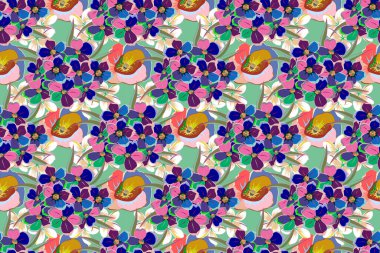 Raster illüstrasyonu. Yeşil bir arka planda, çiçeklerle süslenmiş kusursuz çiçek deseni..