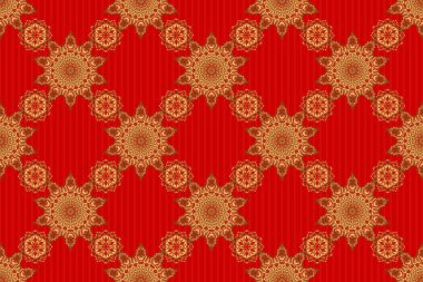 Doğu tarzında lüks bir süs. Davetiyeler için dekorasyon, tebrik kartları, etiketler, rozetler, etiketler. Kırmızıda altın çiçeksiz desen. Altın şablonlar için Raster elementleri.