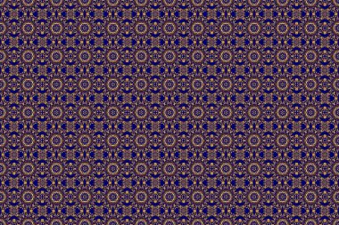 Duvar kağıdı, pankart, ambalaj, düğün kartları için kullanılabilir. İslami doğuya özgü pürüzsüz desen. Mavi arka planda soyut altın halka süsü. Müslüman, Doğu süsü, Hint süsü, İran motifi