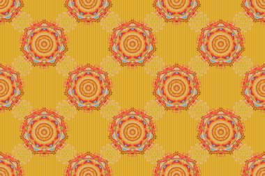 Tasarımınız için kırmızı, sarı ve pembe renkli Raster süslemeleri. Geleneksel soyut dekor. Davetiyeler, tebrik kartları, ambalajlar için süs desenleri. Dekoratif, pürüzsüz desen.