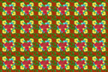 El yazısıyla yazılmış gül çiçekleri, yeşil yapraklar, pullar, anahtarlar. Yeşil, sarı ve turuncu renklerde klasik dikişsiz desen.