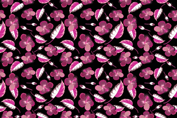 Vintage Seamless Tropical Hibiscus Flowers Pattern Black Background Purple Pink — Stock Photo, Image