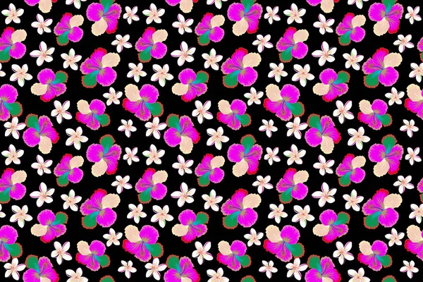 Pattern Black Background Magenta White Colors Vintage Seamless Tropical Hibiscus — Stock Photo, Image