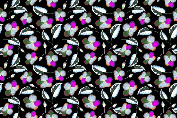 Bright Hawaiian Seamless Pattern Tropical Hibiscus Flowers Black Background Green — Stock Photo, Image