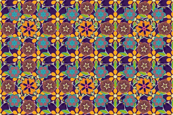Raster seamless pattern with vintage design in Eastern style. Ornate decor for fabric. Ornamental lace tracery. Traditional arabic ornament with yellow, blue and violet elements.