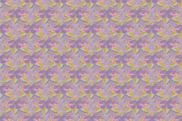 Trendy seamless floral pattern. Raster illustration with many yellow, violet and pink hibiscus flowers.