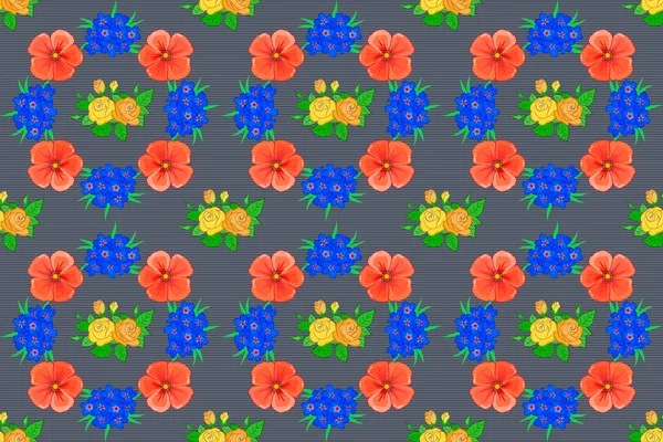 Cute cosmos flowers pattern,. Watercolor seamless pattern on striped background. Raster floral print in orange, blue and gray colors.