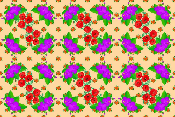 手描きの花の要素を持つ抽象的なシームレスラスターパターン ベージュ地にハイビスカスの花のシルクスカーフ 秋の色 レトロなテキスタイルデザインコレクション 1950年代から1960年代のモチーフ — ストック写真
