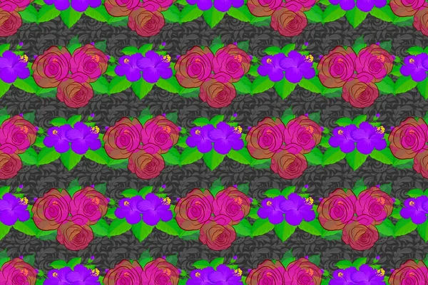 Raster Illustration Seamless Floral Pattern Stylized Rose Flowers Green Leaves — Stock Photo, Image