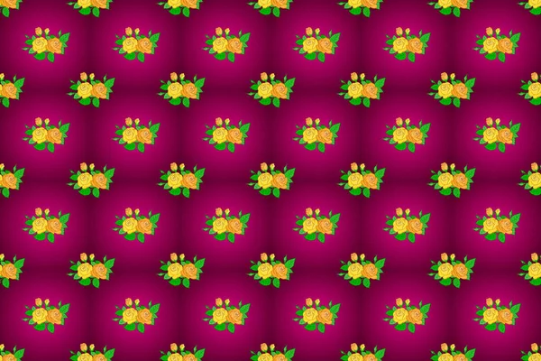 Бесшовный Узор Стилизованных Красных Фиолетовых Зеленых Роз Зелеными Листьями — стоковое фото