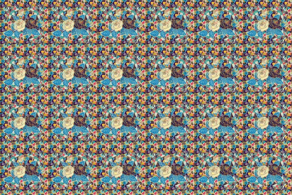 Rasterillustratie Naadloze Bloemenpatroon Gele Blauwe Grijze Kleuren Met Bonte Roos — Stockfoto