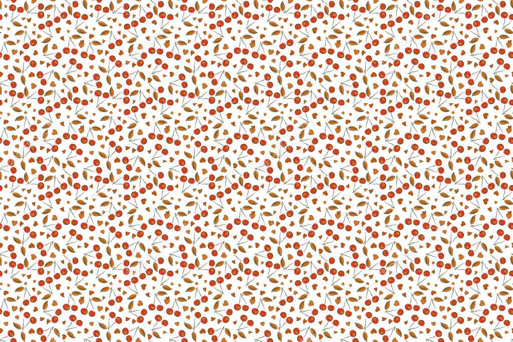 Raster seamless ink pattern with abstract cherries in beige, blue and orange colors. Trendy floral background. Hand drawn brush painting cherry.