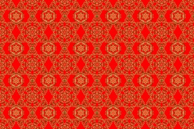 Zarif altın davetiye kartı, altın süslemeli ve kırmızı arkaplanlı. Altın gradyanı olan klasik dikişsiz desen.