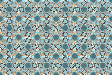 Raster illüstrasyonu. Mavi, sarı ve kahverengi renklerde kusursuz çiçek deseni.