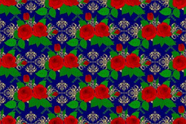 Dekoratif yaz çiçekleri ve kırmızı ve mavi renkli yeşil yapraklarla kusursuz desen, suluboya raster çizimi.