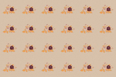 Bir buket retro bitki. Kahverengi, bej ve turuncu renklerde soyut gül arkaplanı. Victoria tarzı çiçek desenli, pürüzsüz güller. Çiçek çizimi. Raster vintage tasarımı.