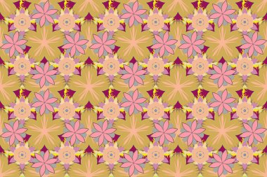Raster illüstrasyonu. Pembe, sarı ve bej renklerde yapraklar ve tropik çiçeklerle kusursuz arkaplan deseni.