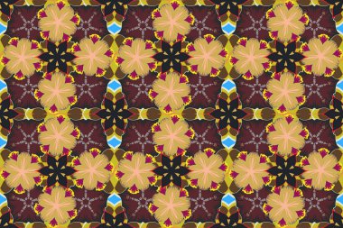 Lüks süs eşyasıyla kusursuz desen. Raster illüstrasyonu. Bej, sarı ve kırmızı elementli zarif Noel Posteri Şablonu.