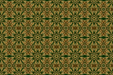 Yeşil arka planda el yapımı altın elementler. Klasik dikişsiz çiçek deseni. Kumaş, tekstil, iç dekorasyon.