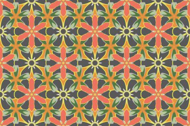 Retro tekstil tasarım koleksiyonu. 1950-1960 motifleri. Gri, turuncu ve yeşil renkli çiçek açan ipek eşarp. El çizimi çiçek unsurları olan soyut, dikişsiz raster deseni. Sonbahar renkleri.