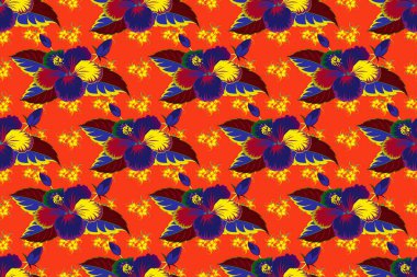 Renkli yön deseni turuncu, mavi ve kırmızı renklerde. Kusursuz çiçek süsü. Kraliyet amberiyle modern amber çiçeği deseni.