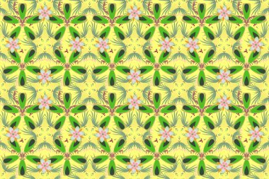 Yeşil, sarı ve bej renkli küçük bir çiçek. Küçük bir çiçekte hoş, pürüzsüz bir desen. Moda baskıları için zarif bir şablon. Raster küçük çiçekler..