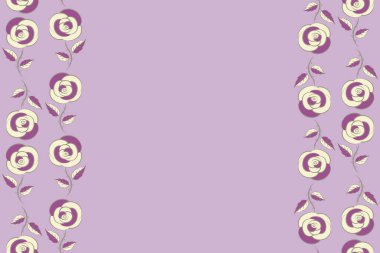 Dikey gül pürüzsüz desen. Elle boyanmış resimler mor, gri ve bej renklerle kopya alanı ile (metin için yer).