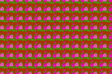 El yazısıyla yazılmış gül çiçekleri, yeşil yapraklar, pullar, anahtarlar. Kahverengi bir arkaplanda klasik dikişsiz desen.