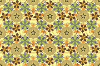 Yeşil, sarı ve gri renklerde tropikal yaprakları ve çiçekleri olan pürüzsüz arkaplan deseni.