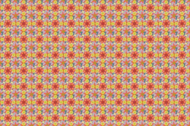 Raster çiçeği minyatür deseni gri, turuncu ve pembe renklerde. Şekil verilmiş el çizilmiş küçük çiçekler.