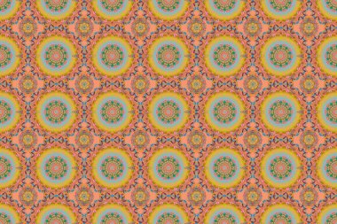 Damask pürüzsüz arka plan deseni turuncu, pembe ve sarı renklerde. Raster illüstrasyonu.