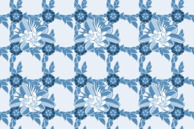 Raster dikişsiz çiçek deseni Plumeria çiçekleri ve gri, mavi ve beyaz yapraklar.