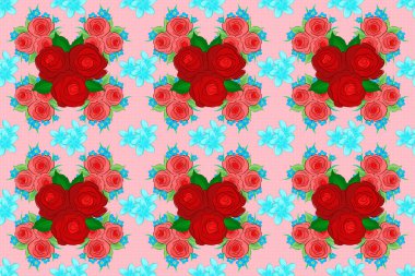 Renkli gül çiçekleri ve pembe arka planda yeşil yapraklı, pürüzsüz arkaplan deseni..