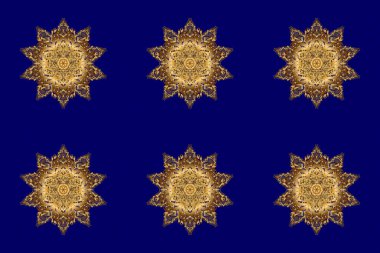 Mavi arka planda altın yuvarlak süs deseni. Raster Mandala.