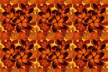 Plumeria çiçekleriyle kusursuz desen. Güzel bir arkaplan. Geometrik yaprak süsü. Kırmızı, kahverengi ve turuncu renklerde kusursuz soyut çiçek deseni. Grafiksel modern desen.
