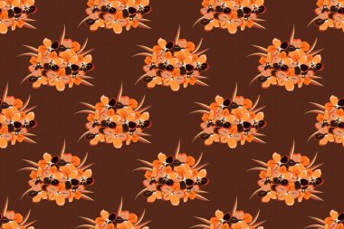 Geçmişi, tekstili, ambalaj kağıtları, tebrik kartları için. Raster illüstrasyonu. Soyut unutma beni çiçekleri, turuncu, bej ve kahverengi renkleriyle suluboya desenli romantik desenler..