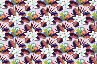 Raster illüstrasyonu. Mor, mor ve mavi renklerde, dekoratif tesisat çiçekleriyle etnik, pürüzsüz desenler..