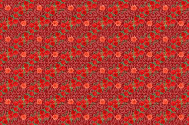 Çizgili arka planda dikişsiz suluboya desen. Kırmızı arka planda Raster çiçek izi var. Şirin gelincik çiçek deseni.