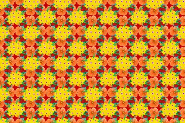 Çiçek izi. Tekrarlanan primula çiçeği deseni. Kırmızı bir arka planda modern aromalı çiçeksiz desen..