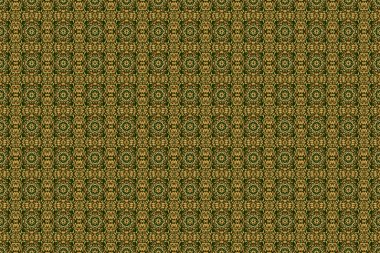 Yeşil bir zemin üzerinde altın dairesel mandala, yıldızlar ve kar taneleri bulunan geleneksel süs arkaplanının pürüzsüz deseni..