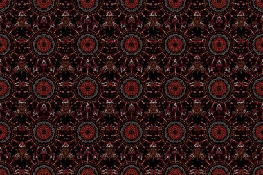 Raster kış deseni. Çiçek elementleri ile soyut ve kusursuz. Siyah arkaplanda kahverengi, kırmızı ve turuncu renklerde kusursuz tasarım.